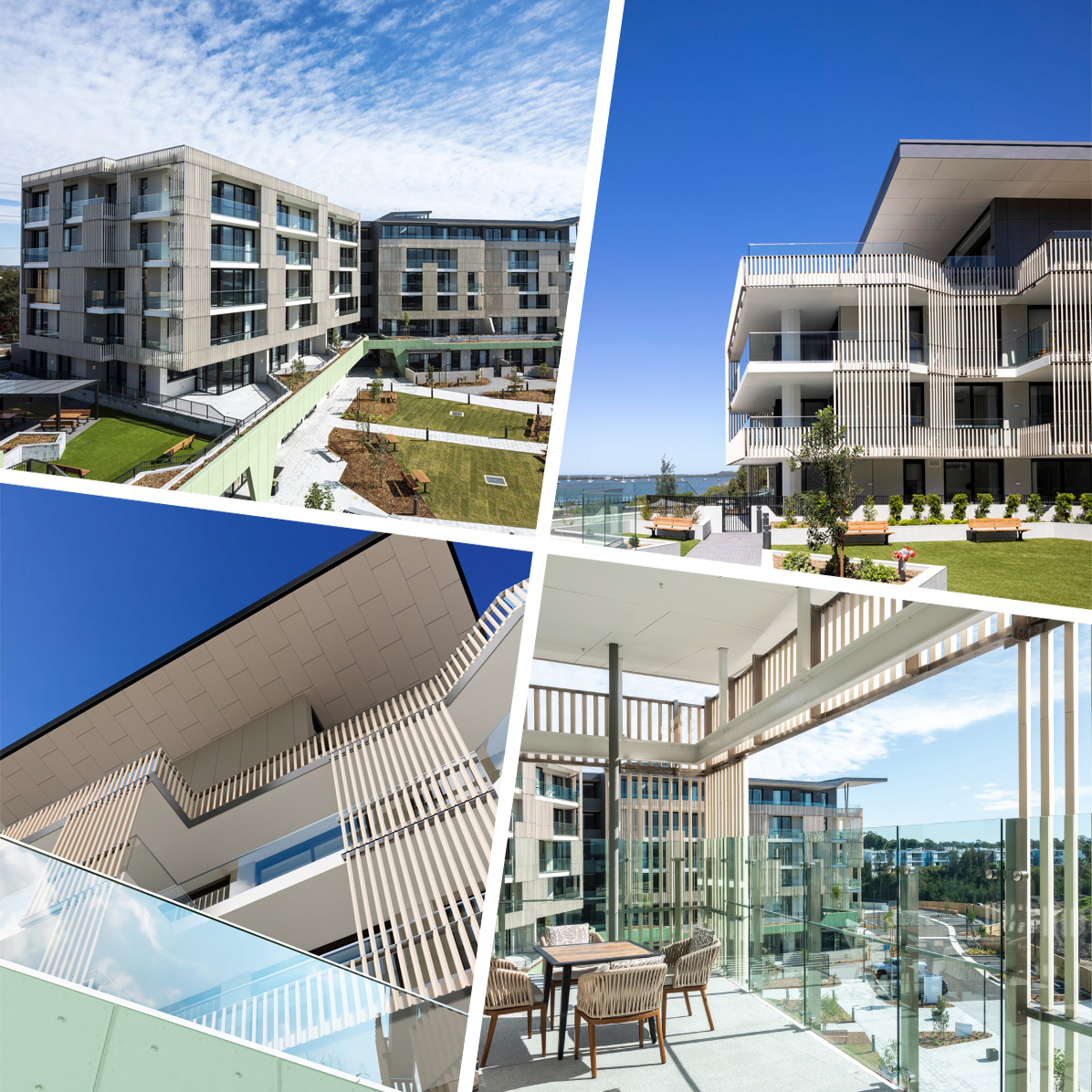 A panoramic image of Anglicare Woolooware Shores with an inset close-up of the Terracotta Sunscreens. The photograph captures the project's grandeur and attention to detail, showcasing how the terracotta elements enhance both the overall aesthetic and individual design features.