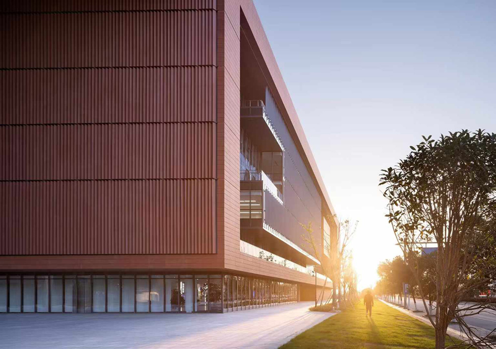 A focused view of the most iconic section of the Penang Innovation Hub, highlighting the integration of LOPO Terracotta panels and modern architecture.