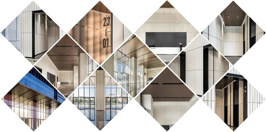 Collage of design highlights in Vanke Metropolis office lobby