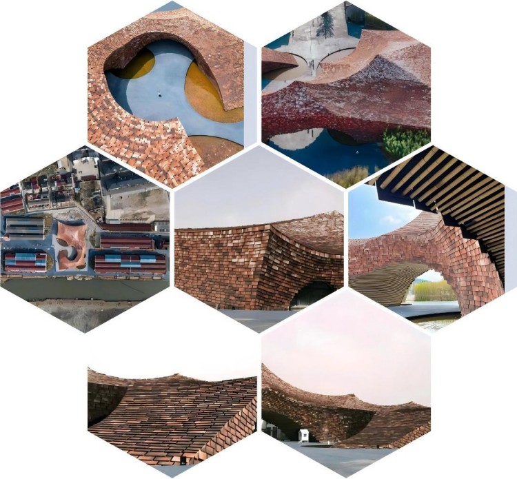 Collage of various exterior views of UCCA Terracotta Art Museum.