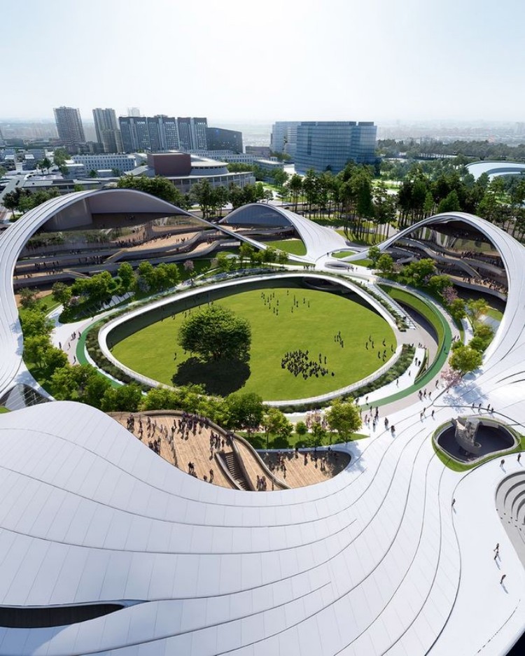 Aerial view of Jiaxing Civic Center with terracotta roof.