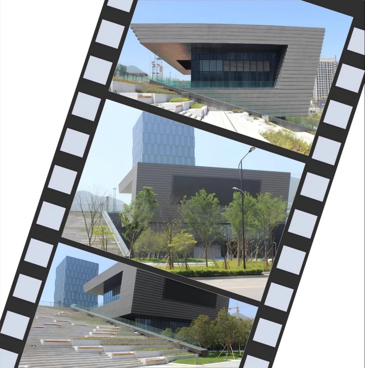 Green rooftop and landscaped terraces of Singapore Xingyao Cultural Center, featuring sustainable architectural elements.